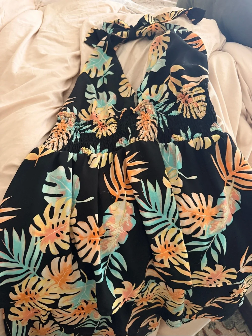 Women’s Tropical Halter Dress in Black, Peach, and Teal. Peacock Dress.